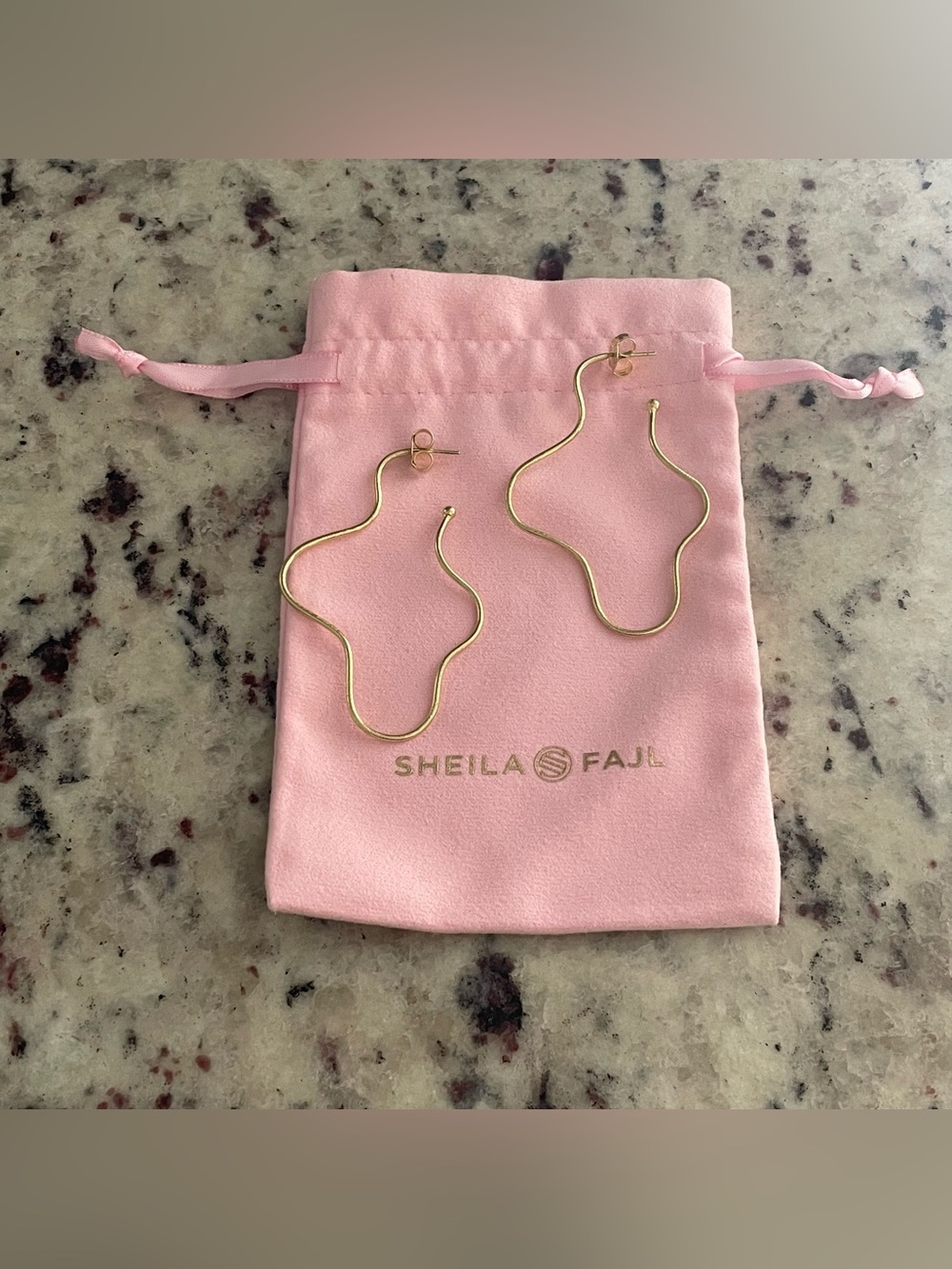 Sheila Fajl Long Wiggle Wiggle Hoop Earrings 18K Brushed Gold Finish 3” - Picture 7 of 8